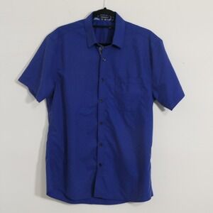 Hisdern Men Shirt M Blue Short Sleeve Button Down Paisley Trim Preppy Minimalist
